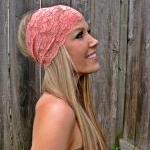 Wide Stretch Lace Headband in Coral (Pastel Peach)
