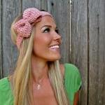 Pale Pink Bow Headband with Natural Vegan Coconut Shell Buttons - Adjustable