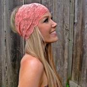 Wide Stretch Lace Headband in Coral (Pastel Peach)