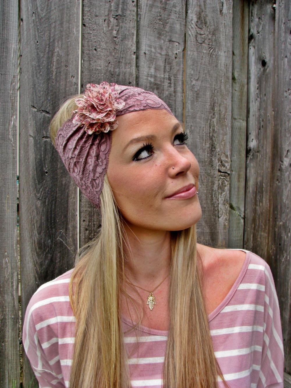 Wide Stretch Lace Headband in Taupe Mocha Brown with Detachable Flower Brooch in Pink Floral Print