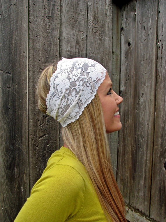 Wide Stretch Lace Headband in Ivory Cream (off white)