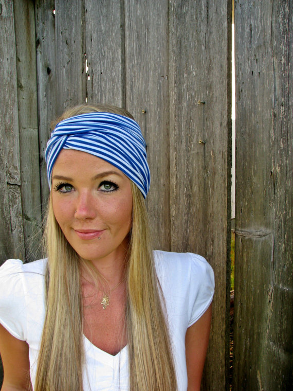 Vintage Turban Style Stretch Jersey Knit Headband in Nautical Blue Stripe- Multi Ways to Wear