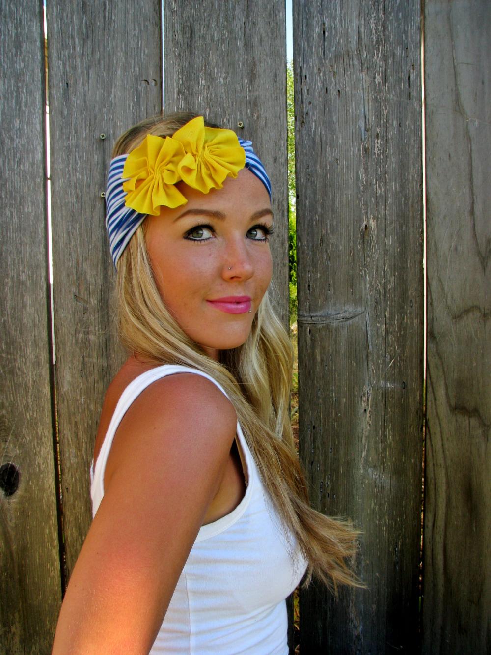 Nautical Jersey Knit Headband with Jersey Fabric Flowers