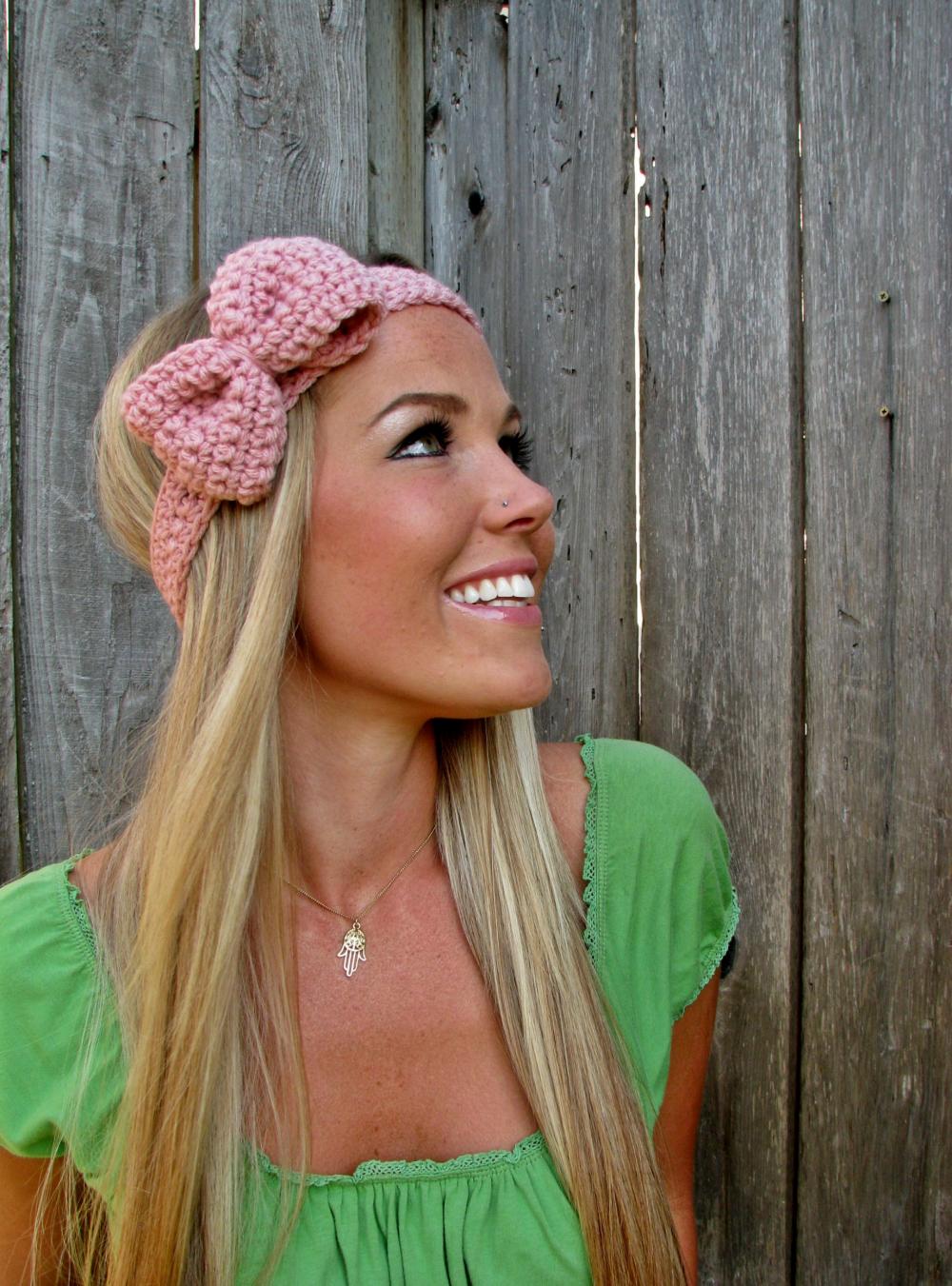 Pale Pink Bow Headband with Natural Vegan Coconut Shell Buttons - Adjustable