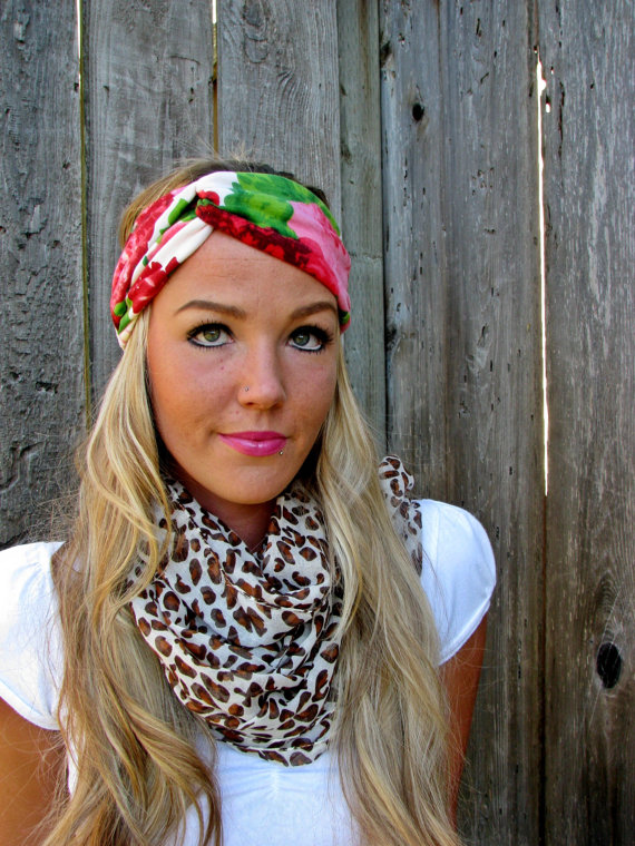 Vintage Turban Style Stretch Jersey Knit Headband in Floral