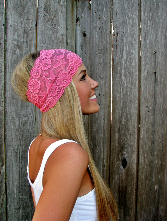 Wide Stretch Lace Headband in Bubblegum Pink