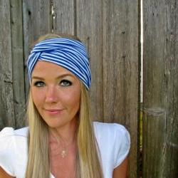 Vintage Turban Style Stretch Jersey Knit Headband in Nautical Blue Stripe- Multi Ways to Wear